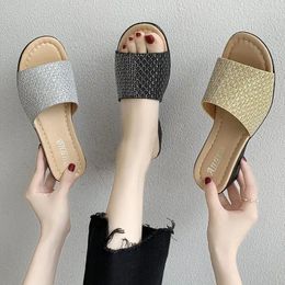 Slippers Gold Flat Sequin Cloth For Women 2024 Summer Casual Sandals Fashion Outdoor Flip Flops36-42