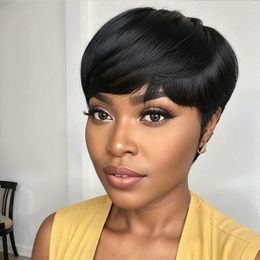 Short Human Hair Wigs for Black Women Glueless Black Pixie Wigs Cute Cut Layered Wave Natural Hair Pixie Cut Wig