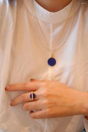 Cluster Rings Original Design Natural Lapis 925 Silver Round Open Ring Naural Lazuli Disc Pendant Necklace 18K Gold Plated Jewelry Set