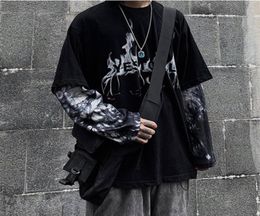 Januarysnow Black Hip Hop TShirt Mens Casual Autumn Tops Tee Fake Two Pieces Long Sleeve Men T Shirt Fashion Japan Tshirt Streetw9294656