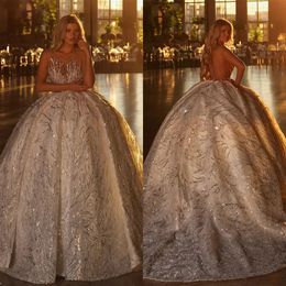 Charming Ball Gown Wedding Dresses Shining Appliques Sequins Beads Bridal Sweep Train Backless Lace Up Court Gown Custom Made Plus Size Vestidos De Novia