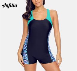 Anfilia Women Sports Swimsuit Athletic Racerback Swimwear Pad Bikini Boy leg Beach Wear Bathing Suits Printed Monokini 2203081751210