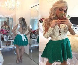 New Teal Green Lace Homecoming Dresses Deep V Neck Long Sleeves Sheer Cocktail Gowns Beaded Stones Top Mini Party Prom Dresses BA34027698