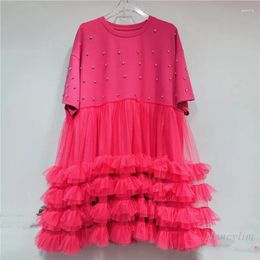 Party Dresses 2024 Summer Korean Style Rhinestone Patchwork Mesh Edge Tutu Dress For Women Loose Short Sleeve Younger Cute T