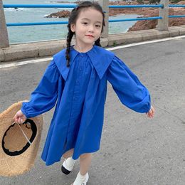 Girl Dresses Girls Dress 2024 Spring Summer Casual And Lightweight Solid Colour Blue Sweet Big Collar Fashion Loose Girls' Clothing