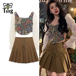 Work Dresses Tingfly Summer Fashion Jacquard Short Styles Blouse Tops & A Line Pleated Skirts Sets Cute Lady Girl Slim Dress 2 Pcs Set