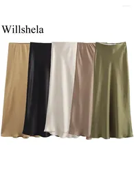 Skirts Women Fashion Satin Solid Pleated Midi Skirt Vintage Mid Elastic Waist Female Chic Lady