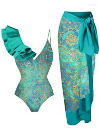 Blue Women's Swimsuit Gold Print Deep V Sexy One-piece Bikini Shoulder Lace Pleats With Long Strap Cover Up