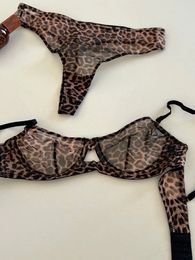 Sexy Lingerie Briefs Underwire Bra Set Leopard Print Mesh Sheer Ultra Thin Underwear thong Womens Large Bralette with Pants Suit 240425