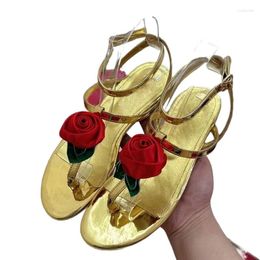 Sandals Red Flower Gold Woman Sandal Sexy Designer Leather Summer Flat Rome Shoe Narrow Band Buckle Strap Gladiator For