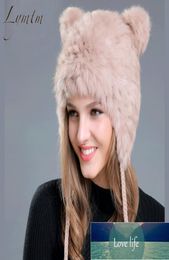 New Lovely Bear Ear Skullies Beanies Genuine Rex Fur Fabric Knitted Hats Winter Warm Soft Solid Caps Snow Women Hat Factory 5413381