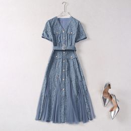 Summer Blue Solid Colour Panelled Dress Short Sleeve V-Neck Lace Buttons Single-Breasted Casual Dresses A4A291536