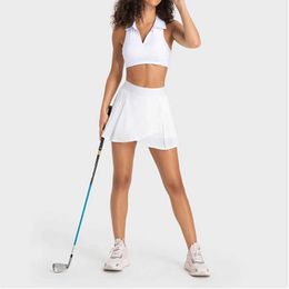 Two Piece Dress Sean Tsing Sport Tennis Skirts with Built-in Shorts Women Solid Color Cross Pleated Mini Skorts Badminton Workout Skirt Y240508