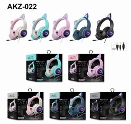 New AKZ022 Foldable OnEar Stereo Wireless Headset with Mic LED Light and Volume Control Support Wired Cat Ear Headphones Glowing3091789