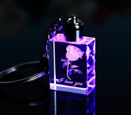 New Style Personalised Laser Engraved 3D Rose Flower Crystal LED Light Keychain Cube Shape Key Ring For Gift9790091