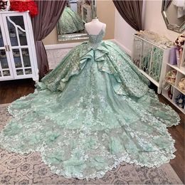 Sage Green Sparkly Sexy Spaghetti Strap Crystal Crystal Defrices Quinceanera Virts Ball Dooling Sweet Sweet Vestidos de 15 Girls 0509