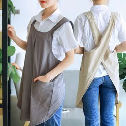 Women Cotton Linen Cross Back Apron Japanese Housework Baking Wrap korean Florist Dress Solid Colour Garden Kichen 240508