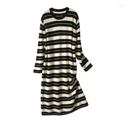 Casual Dresses Clashing Color Striped Drop Shoulder Sleeve Knitted Dress Female Fall And Winter Korean Version Of The Long-sleeved Round Ne