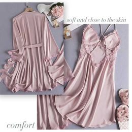 Women's Robe Twinset Robe Set Sexy Women Sleepwear Lace Trim Spaghetti Strap Nightgown Kimono Bathrobe Gown Nightdress Casual Rayon Home Wear