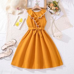 Girl Dresses 2024 Summer Arrival Girls Sleeveless Ruffles Sashes Yellow Designer Cute Party Princess Dress Custume 8-12T