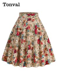 Skirts Tonval Colorful Flower 50s Pinup A Line Midi Womens High Waist Zipper Back Cotton Vintage Womens Swinging SkirtL2405