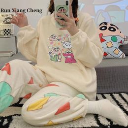 Women's Sleepwear Runxiangcheng2024 Autumn/Winter Cute Crayon Round Neck Thickened Warm Comfortable Sweet Pyjamas