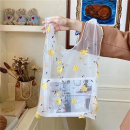 Drawstring Female Flower Embroidery Hand Bag Organza Casual Tote Mesh Shopping Bags Woman Handbags