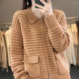 Women's Knits Pure Wool Cashmere Sweater Polo Neck L Zipper Leisure Knitting Hollow Cardigan Autumn And Winter Coat