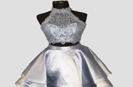 Silver Grey Two Piece Homecoming Dresses High Neck Sleeveless Lace Satin Backless Royal Blue Light Sky Blue Red Short Party Dresse2306191