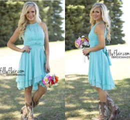 Country Short Bridesmaid Dresses Mint Halter Neck Chiffon High Low Ruched Summer Boho Backless Wedding Guest Party Maid Of Honour Dresses BM0170