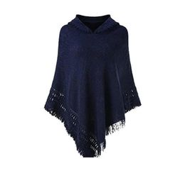 Scarves Women Winter Knitted Hooded Poncho Cape Solid Colour Crochet Fringed Tassel Shawl Wrap Oversized Pullover Cloak Sweater2268495
