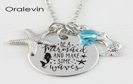 Whole BE A MERMAID AND MAKE SOME WAVES Engraved Disc Mermaid Pendant Charms Necklace Lover Gift Jewelry22MM 10PcsLotLN1091216468