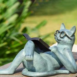 Miniatures Cat Figurine Miniature Cat Literature Read Glasses Cat Garden Cartoon Statue Resin Craft Cat Doll Car Home Decor Ornament Gift