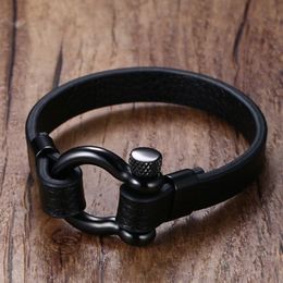 luxury-Mens Stainless Steel Screw Post Ancla Shackles Leather Bracelet in Black Nautical Sailor Surfer Bangle Wristband Male Jewelry Y1 224M