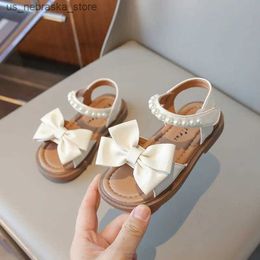 Slipper Summer Kids Sandals for Girls Elegant Pearl Bowknot Fashion Versatile Sweet Children Causal Party Wedding Flats Beach Shoes 240422 Q240409
