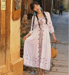 Casual Dresses Exotic Ethnic Style Holiday Bohemian Dress For Women V-Neck Full Embroidery Drawstring Midi Long Vestido Robe Femme Courte