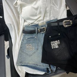 Women high waist with belt denim jeans logo letter rhinestone diamonds luxury designer shorts SMLXL