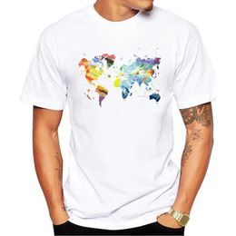Men's T-Shirts THUB Hipster The Corlorful World Men T-Shirt Short Slve World Map Printed Tshirts O-Neck Cool Tops Funny Ts Y240509