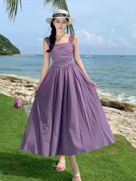 Casual Dresses 2024 Summer Purple High Waist Pleated Slip Long Dress For Women's Fashion Sleeveless Slim Sexy Club Backless A-line Korean