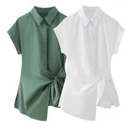 Women's Blouses Zach Ailsa 2024 Spring Product Style Versatile Polo Collar Short Sleeves With Knot Details Solid Colour Shirt