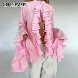 Women's Blouses CHICEVER Oversize Solid Shirts For Women Round Neck Flare Sleeve Patchwork Ruffles Folds Fashion Spring Split Blouse Female
