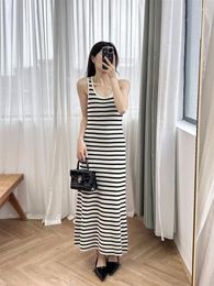 Casual Dresses Sleeveless Knitted Dress With Elegant Temperament Black And White Striped U-neck Slim Fit Medium Length Style