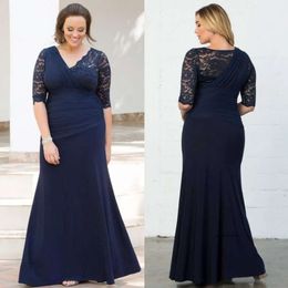 2021 Elegant Navy Blue Plus Size Lace Dresses With Half Sleeves V-Neck Evening Gowns Mermaid Floor Length Chiffon Formal Dress 0509