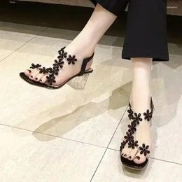 Sandals Ladies Shoes Elastic Band Open Toe Women Summer Rhinestones Flower Transparent Chunky Heels Fashion Zapatos