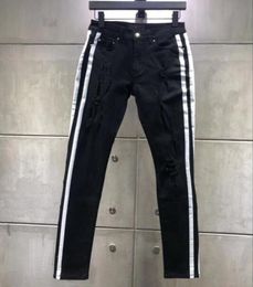 NEW Fashion Men White stripe Wear Stretch jeans breaks holes pattern Hollow Out Biker Classic Easy Slim Straight Denim Trouse1937652