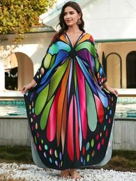 Bohemian Print Plus Size Kaftan V-neck Batwing Sleeve Beach Dress Women's Loose House Robe Beachwear Bathing Suit Cover Up Q1588