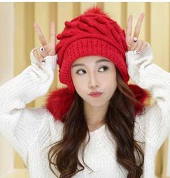 Winter Pompom Rabbit Fur Hats For Women Ladies Ear Protection Knitted Beanie Cap Thick Warm Ski Bonnet Hat5528328