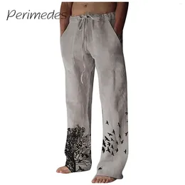 Men's Pants Casual Loose Solid Colour 2024 Cotton Linen Summer Trousers Elastic Drawstring Tie Printed Fashion Pantalones