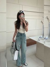 Thirteen line bow design with holes in wide leg jeans 2024 summer slim high waisted straight mop pants