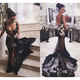 Sexy Style Black Lace Evening Dresses Deep V Neck Backless Sheer Skirt Long Mermaid Fashionable 2021 Prom Party Gowns Custom Plus Size 0509